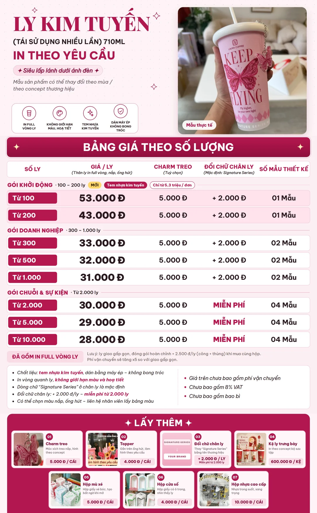 Bảng giá ly kim tuyến 710ml theo số lượng, kèm hạng mục lấy thêm: charm treo, topper, đổi chữ chân ly, kệ trưng bày, hộp mù xé, hộp cửa sổ, hộp nhựa cao cấp