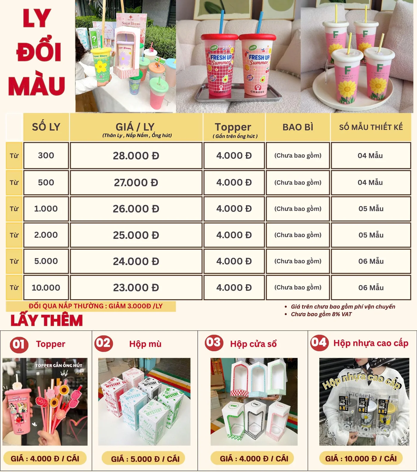 Bảng giá ly đổi màu — đã gồm thân ly, nắp nấm, ống hút. Đổi qua nắp thường: giảm 3.000đ/ly. Chưa gồm 8% VAT và vận chuyển.