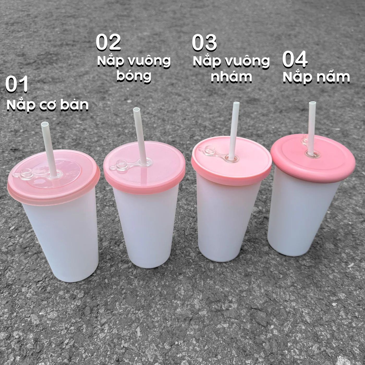 4 loại nắp: cơ bản · vuông bóng · vuông nhám · nắp nấm