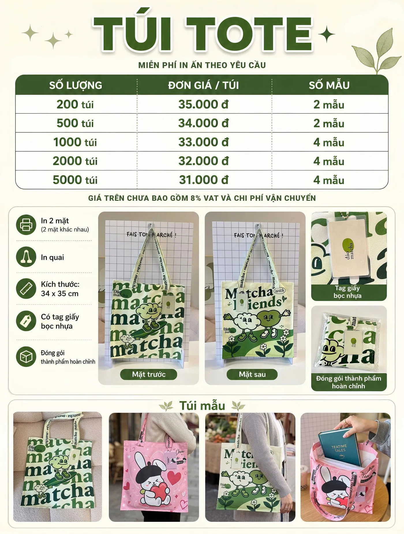 Bảng giá Túi Tote — miễn phí in ấn theo yêu cầu, từ 200 túi