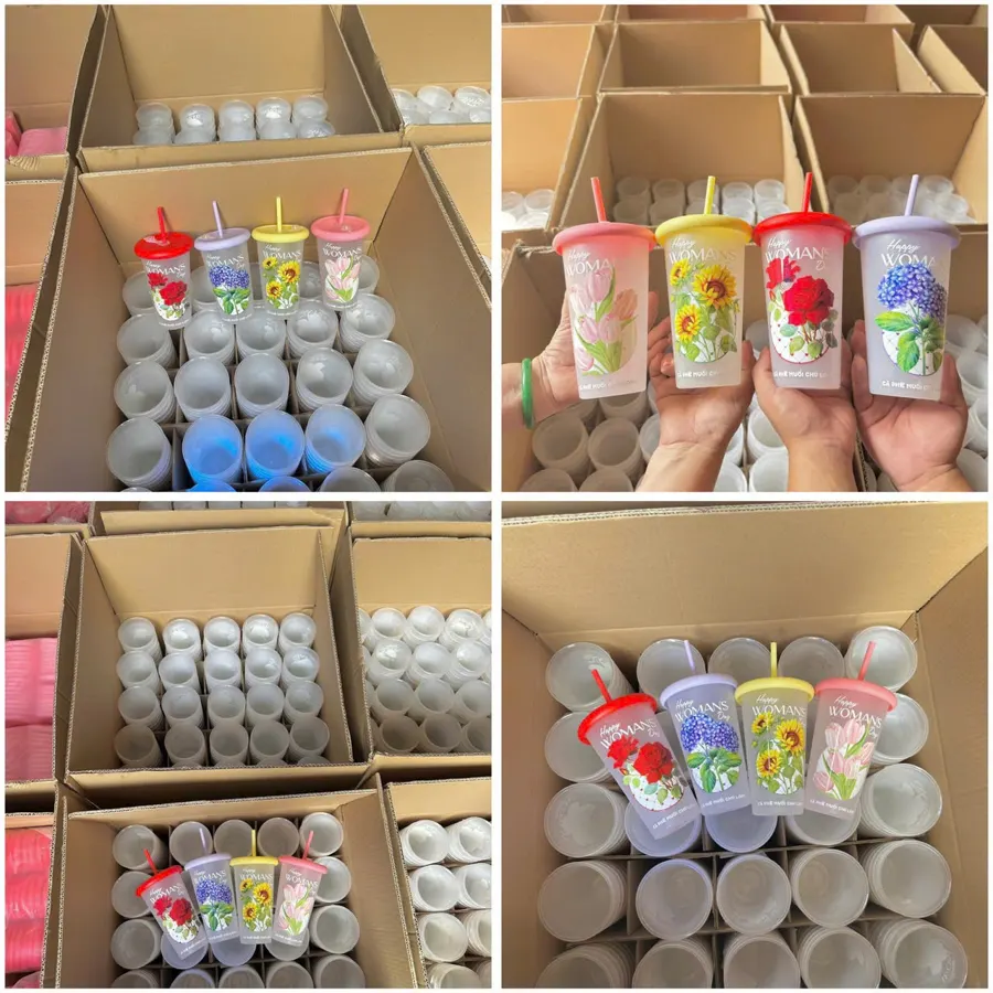 Bộ 4 ly hoa đổi màu của Cà phê muối Chú Long xếp trong thùng trước ngày giao