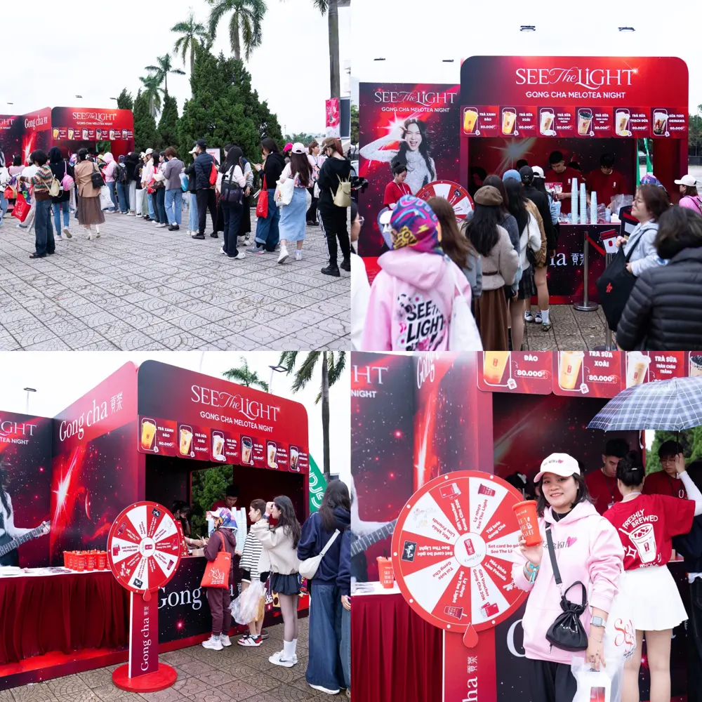 Booth Gong Cha tại concert Mỹ Tâm: hàng người xếp, vòng quay, khách cầm ly đỏ