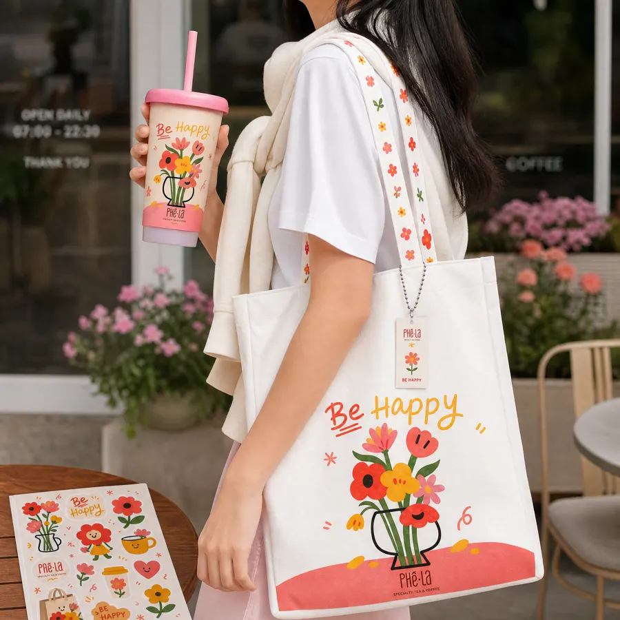Cô gái xách túi tote và cầm ly cùng một bộ họa tiết hoa, đi trên phố