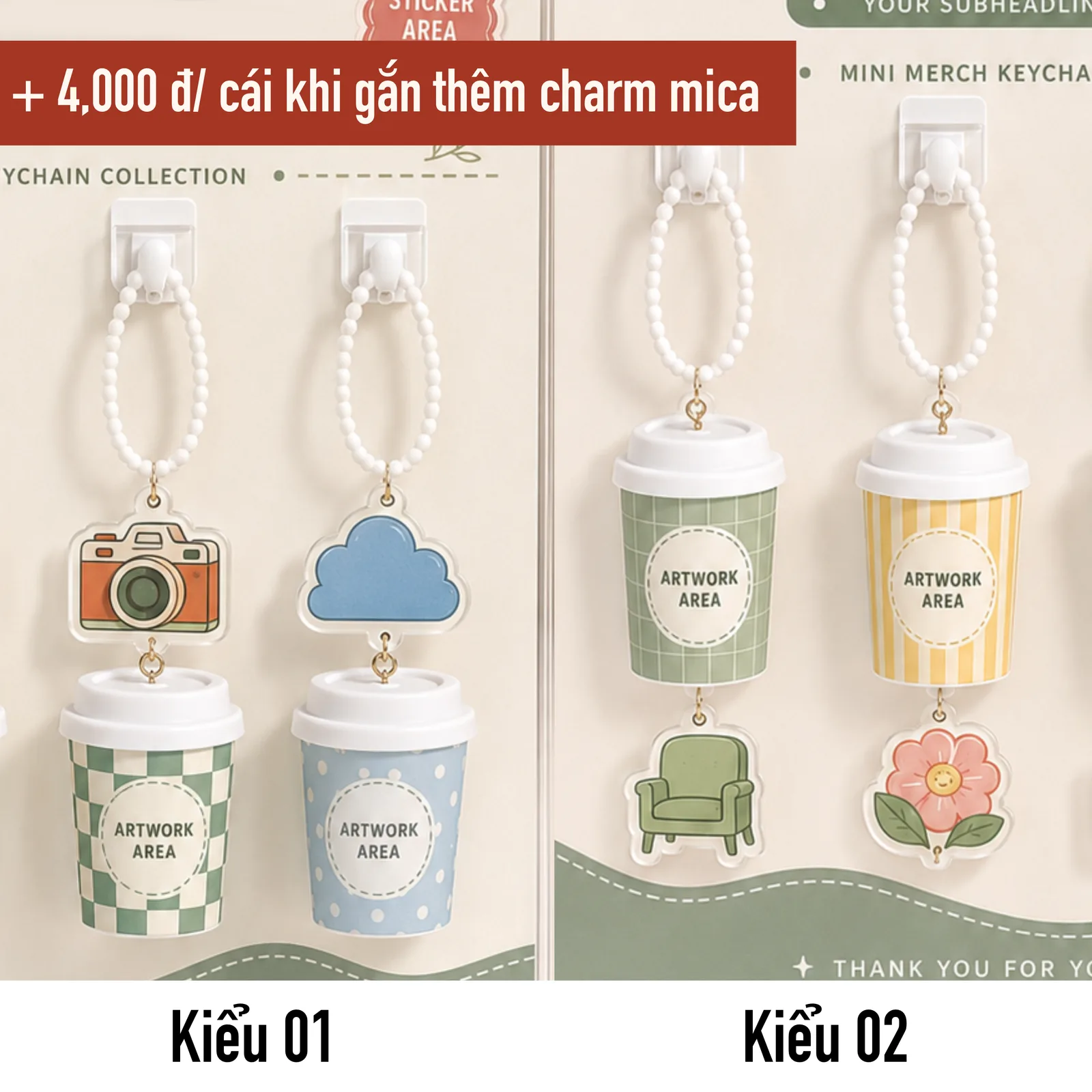 Tùy chọn gắn thêm charm mica cho móc khóa ly mini