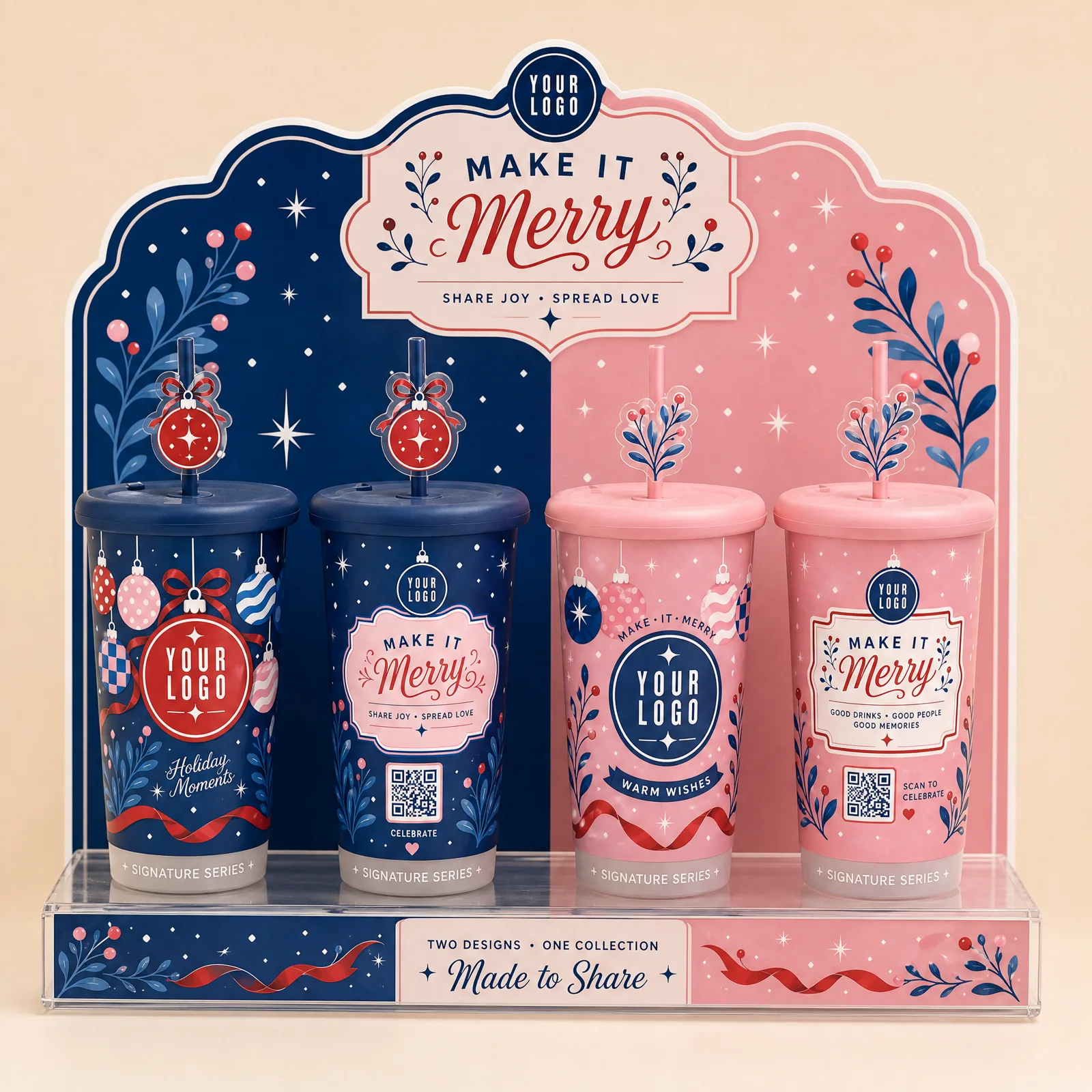 Bộ sưu tập ly Giáng Sinh concept Holiday Moments trưng bày trên kệ tại quầy