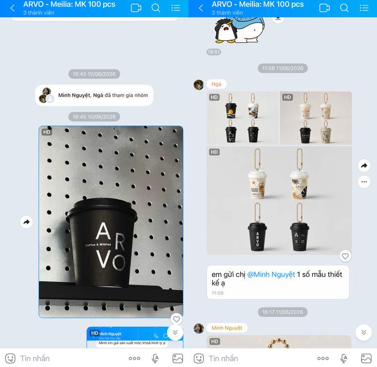 ARVO Coffee Milktea: khách gửi ảnh ly giấy của quán, xưởng phối bộ móc khóa ly mini đen kem tối giản