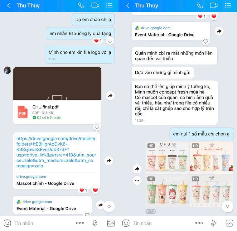 CHU: khách gửi file logo và brief concept mùa hè vải thiều, xưởng trả về 4 hướng collection