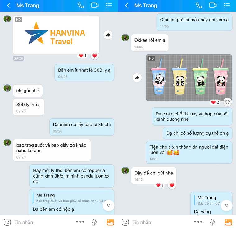 Hanvina Travel: khách gửi logo công ty, xưởng phối 4 màu ly panda pastel