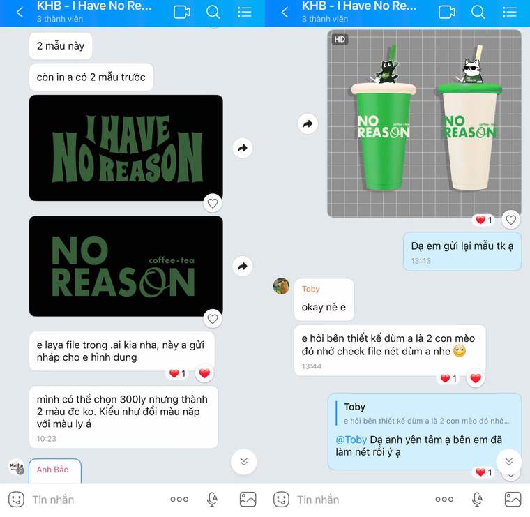 No Reason Coffee Tea: khách gửi 2 file logo, xưởng phối thành 2 mẫu ly xanh và kem kèm topper mèo