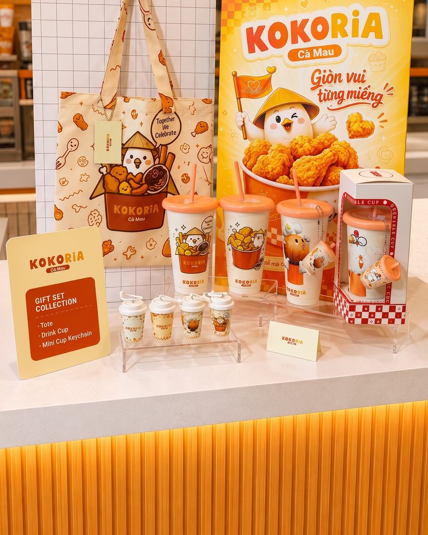 Collection KOKORIA hoàn chỉnh trưng bày tại quầy: tote, ly, keychain, poster, kệ và hộp quà