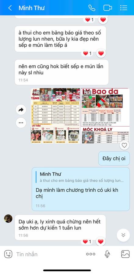 Tin nhắn Zalo: ly xinh nên bán hết sớm hơn dự kiến 1 tuần, sếp muốn đặt tiếp