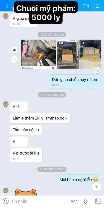 Tin nhắn Zalo: chuỗi mỹ phẩm nhận 5.000 ly và đặt thêm 2.000 ly